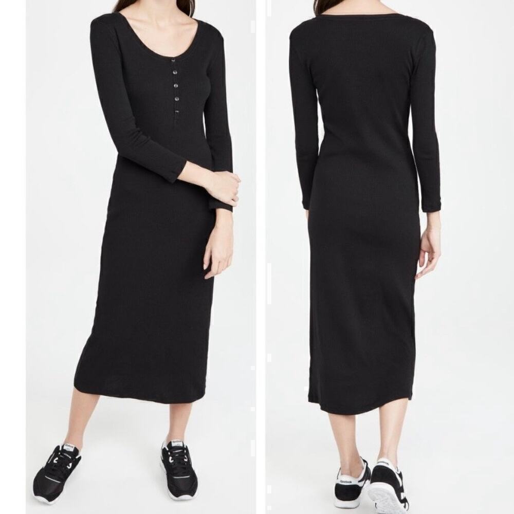 Ba&sh Taylor Henley Black Ribbed Long Sleeve Midi Dress Size 4